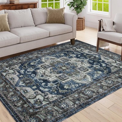 GlasFlength Rugs 5'x7' Elegant Vintage Bohemia Waterproof Extra Large Area Rugs Non-Slip Rug Pads Washable Rug Indoor for Room, Blue
