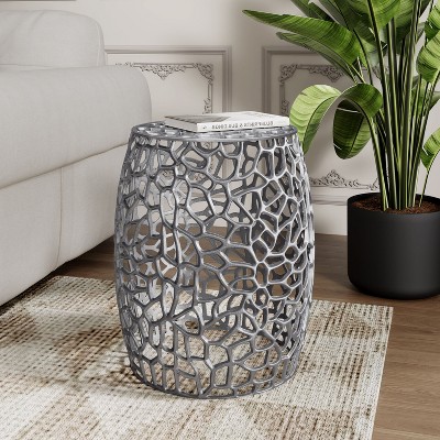 Sapphtopaz Modern Drum-Shaped End Table with Hollow Out Design Round Side Table with Aluminum Base Mesh Coffee Table for Living Room,Bedroom