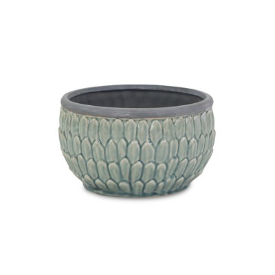 HomeRoots 8" Aqua Textural Tone On Tone Ceramic Indoor Outdoor Round Pot Planter