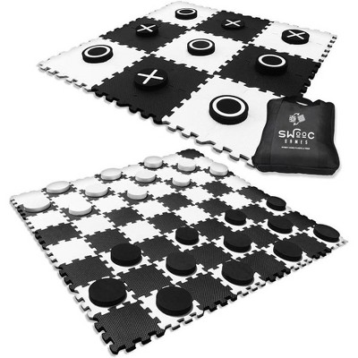 SWOOC Games - 2-in-1 Premium Giant Checkers & Tic Tac Toe Game ( 4ft x 4ft ) - 100% High Density EVA Foam Mat & Pieces - Extra Large Checkers Set