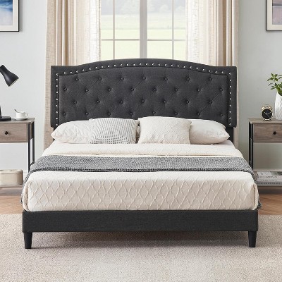 Full Size Bed Frame, Velvet Upholstered Bed Frame, with Adjustable Headboard, Wood Slat Support, Noise-free, No Box Spring Needed, Dark Gray