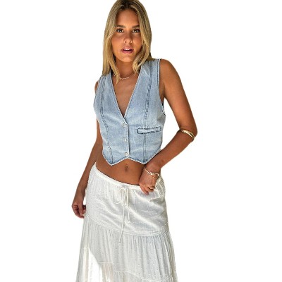 Jean Vests for Women Crop Denim Top Button Down Waistcoat Vest Tank Tops Fashion Casual Sleeveless Jacket
