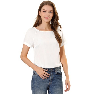 Allegra K Women's Round Neck Raglan Sleeves Side Slit Chambray Top