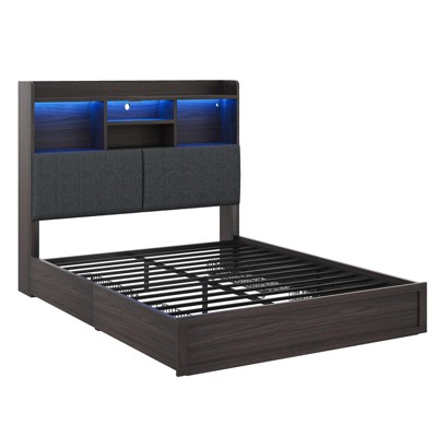 AMERLIFE LED Bed with 4 Storage Drawers, Bookcase Headboard and Charging Station