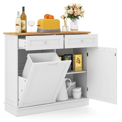 Costway Wooden Kitchen Trash Cabinet Tilt Out Bin Holder w/ Drawer & Storage Shelf Black/White/Coffee/Gray