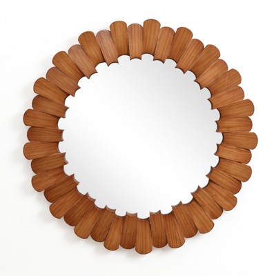LuxenHome Pine Wood Frame 35-Inch Round Wall Mirror Brown