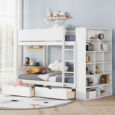 NicBex Twin Over Twin Bunk Bed with Guardrail and 2 Drawers,Loft Bed with Ladder and Multi-layer Cabinet,Noise Reduced Bunk Beds for Bedroom