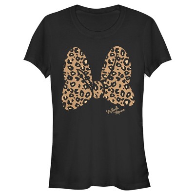 Juniors Womens Mickey & Friends Mickey & Minnie Mouse Cheetah Print Bow Signature T-Shirt