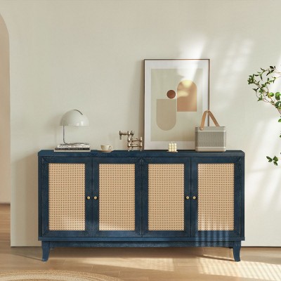 Okak Country Style 4-Door Sideboard Buffet Cabinet, Wooden TV Cabinet with Hollow Door for Kitchen Dining/Living Room Hallway