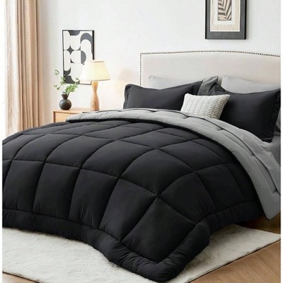 Queen Bed in a Bag, 7 - Piece Comforter Set with Black Light Grey Sheets and Shams