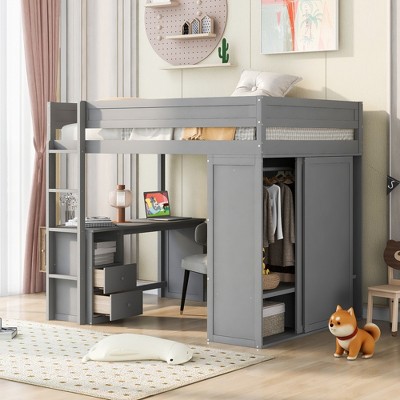 TIRAMISUBEST Twin/Full Size Loft Bed with Wardrobes and 2-Drawer Desk with Cabinet, Solid Wood Loft Bedframe with Ladder and Guardrails