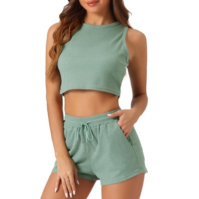 cheibear Women's Waffle Sleeveless Tank Shorts Pajamas 2 Piece Sets