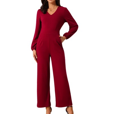 Seta T Women's V Neck Long Sleeve High Waist Wide Leg Casual Jumpsuits with Pockets