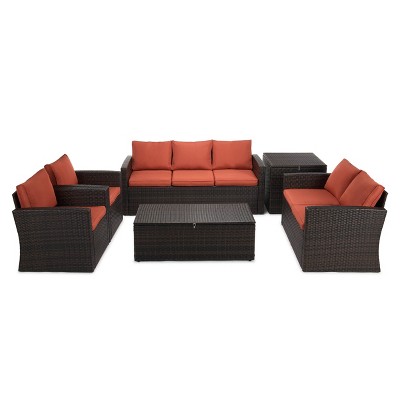 6pc Wicker Outdoor Conversation Set - Orange - EDYO LIVING: Resin Rattan, Polyester Cushions, 7-Person Capacity