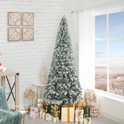 Home Imports Emporium 6.5ft Slim Snow Flocked Christmas Tree with Lights, Skinny Pencil Christmas Tree Prelit with 864 Branch Tips, 250 Warm Lights