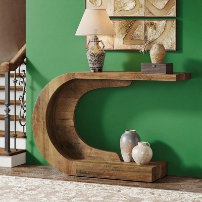 KTMBDW 43.3" Mid-Century Modern Console Table for Entryway, Wood C-Shaped Hallway Entry Accent Table for Living Room, Entrance, Foyer, Brown