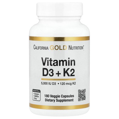 California Gold Nutrition Vitamin D3 + K2 as MK-7, 180 Veggie Capsules