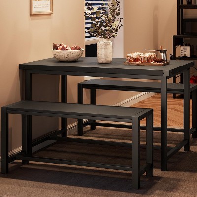 3 Piece Dining Table Set for 4 with Space-Saving Benches, Tabletop, Steel Frame, Modern Farmhouse Kitchen Table for Small Spaces