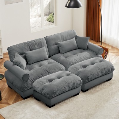 93.7" Velvet Modular Sectional Sofa Bed with Bolstered Armrests and 2 Ottomans for Small Living Room