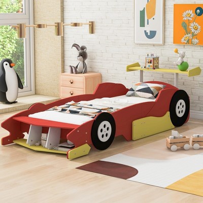 Twin Size Race Car-Shaped Platform Bed with Wheels and Safety Rails