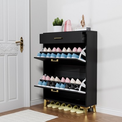 KTMBDW Shoe Cabinet with 2 Flip Drawers, Hidden Wood Shoe Cabinet, Freestanding Shoe Storage Cabinet for Entryway Hallway