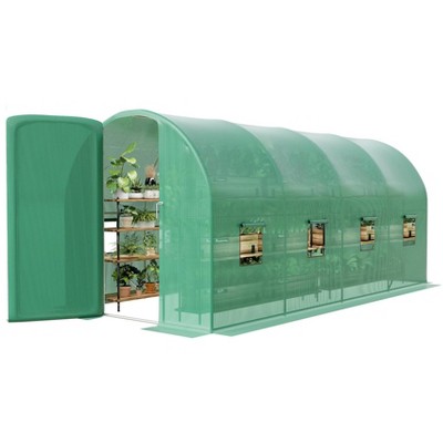Outdoor Greenhouse -  Walk-In Tunnel with 8 Mesh Vents, Swing Door & Roll-Up Door, Reinforced Galvanized Steel Frame & Durable PE Cover