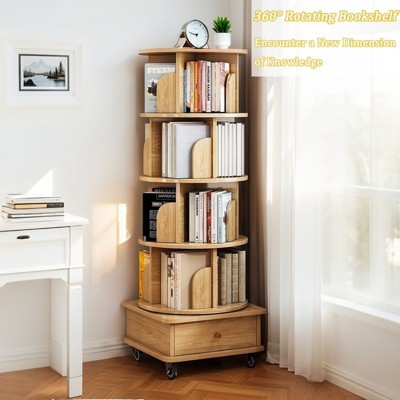 Grungis 6 Tier 360° Rotating Decorative Bookshelf with Wheels and Drawer,Round Storage Shelves for Living Room,Bedroom