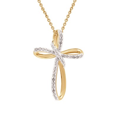 GILDED 1/4 CTTW Natural Diamond Twist Cross Pendant Necklace in 14KT Yellow Gold Plated or 925 Sterling Silver, 18" Chain