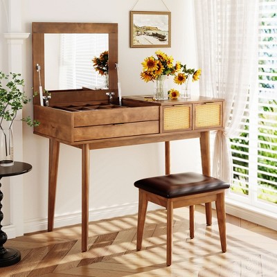Wooakway 43.3" Classic Wood Makeup Vanity Set with Flip-top Mirror and Stool, Dressing Table with Drawers and storage space