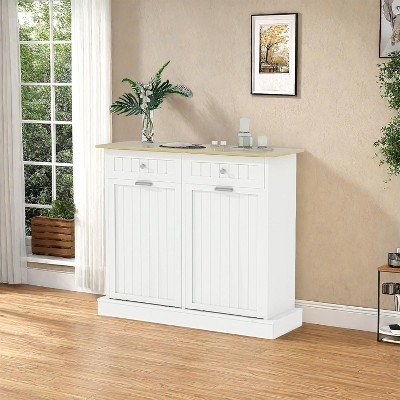 Tilt-Out Trash Cabinet with Hideaway Drawer, 20 Gallon Kitchen Waste Bin Storage for Living Room