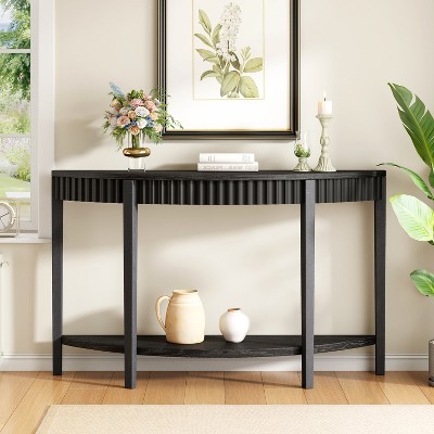 55'' Half-Moon Console Table, Wood Veneer Entryway Accent Table Sofa Table with Open Shelf, Black - ModernLuxe