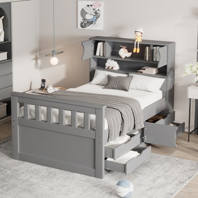 Whisen Twin Size Captain Platform Bed Frame with Storage Bookcases, Drawers and Shelves
