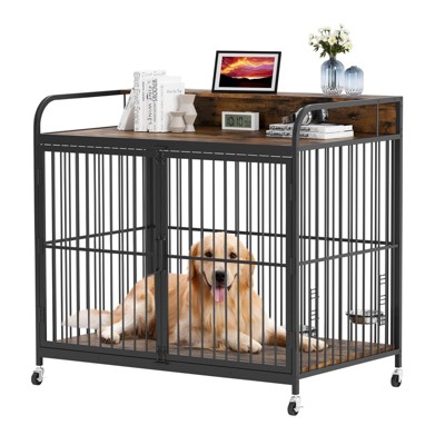 Homhougo Dog Crate Furniture with Storage, Wooden Dog Crates Farmhouse Side End Table Large Brown