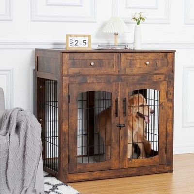 COZONY Wooden Dog Crate Furniture with 2 Drawers & 3 Doors, Removable Cushion, Decorative End Table Pet Cage for Small to Large Dogs