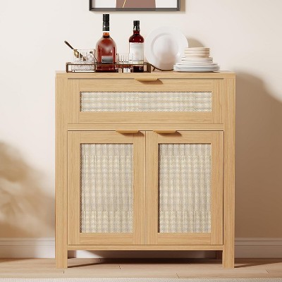 34" Sideboard Buffet Cabinet with Storage, Wooden Credenza with Adjustable Shelves and Drawers, Rattan Door Buffet Table, Console Coffee Bar