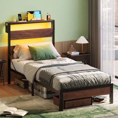 Bestier Twin Bed Frame with LED Lights & Charging Station - High Headboard, Under-Bed Storage, Noise-Free, Easy Assembly
