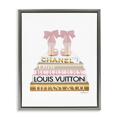 Stupell Industries Pink Gold Heels Bookstack Black Framed Floater Canvas Wall Art