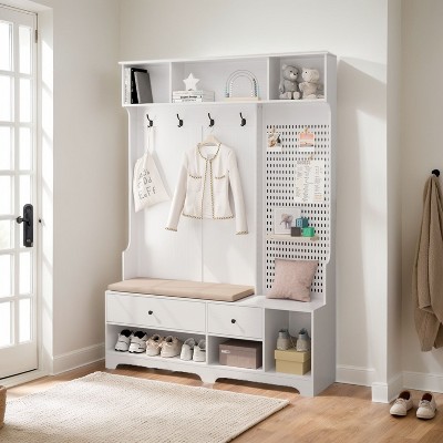 CAVINAS Hall Tree with Shelf and 4 Hooks Modern Coat Rack with DIY Pegboard for Entrance, Living