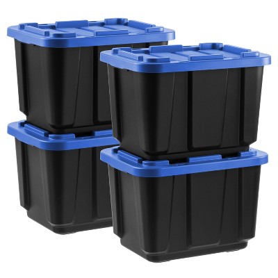 IRIS 4pk Heavy Duty Stackable Storage Totes with Lids Black Blue