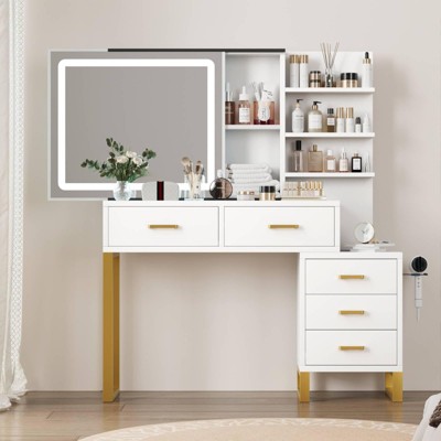 GustoWave Vanity Desk with Mirror, Makeup Vanity Desk Charging Station,LED Light with 3 Lighting Modes, 5 Large Drawers and 3 Tiers of Open Shelves