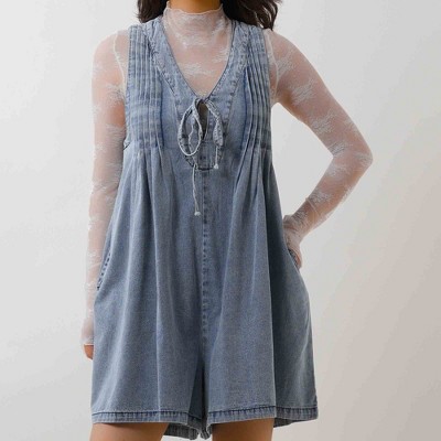Women's Denim Romper - Sleeveless V-Neck Jumpsuit with Tie Front & Pockets Cherie Code