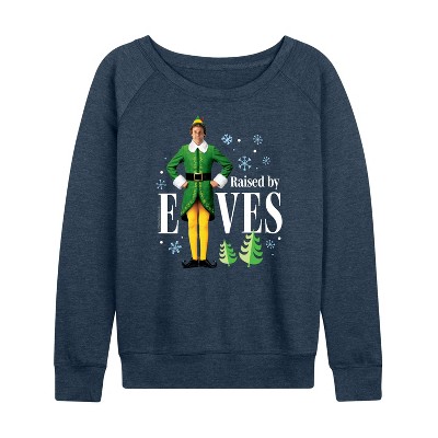 Women's - ELF - Christmas Raised By Elves Lightweight French Terry Wide Neck Long Sleeve Graphic Shirt