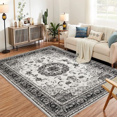 8x10 Gray Floral Boho Rug, Washable Low-Pile Carpet, Non-Slip Soft Area Rug for Living Room, Bedroom, Kitchen