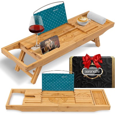 SereneLife Bamboo Bathtub Caddy Tray with Adjustable Length & Soap Box - Natural Lacquer Coating, Expandable up to 43"