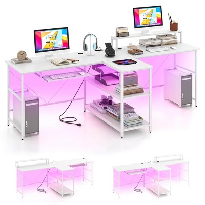 Costway 94.5" Long Office Desk 2-Person Reversible Computer Desk with LED Lights Black/Coffee/White