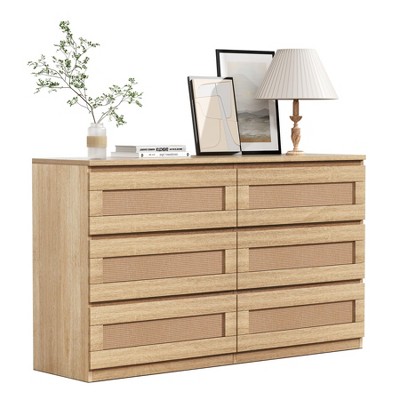 6 Drawer Double Dresser for Bedroom, Wide Wooden Storage Organizer, Boho Rattan Chest, Farmhouse Closet Cabinet, Living Room,Natural