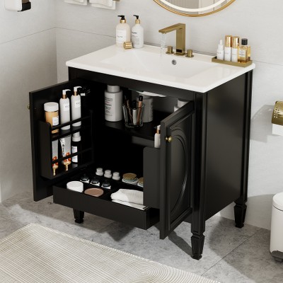 Lyngins 30" Vintage Freestanding Bathroom Vanity with Sink, Wood Bathroom Storage Cabinet with Soft-Close Doors, Adjustable Shelf + Removable-Drawer
