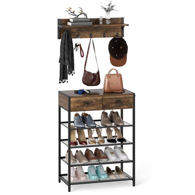 Tangkula 5-Tier Shoe Rack w/ Wall-Mounted Coat Rack Hooks Drawers & Shelves for Bedroom
