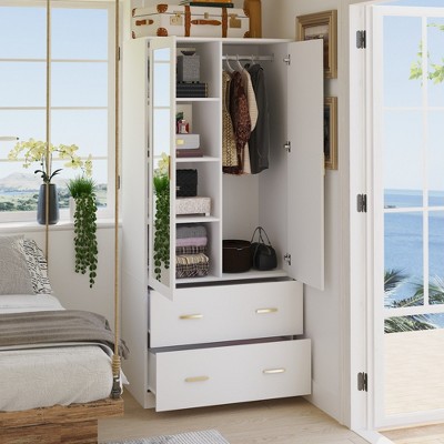 Famapy Wardrobe Clothes Organiser Multi Storage with Mirror and Hanging Rods