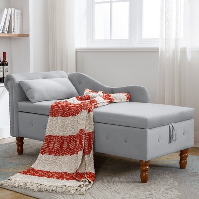 Bedroom Velvet Chaise Longue With Storage, Pillow and Nailhead Accents - ModernLuxe